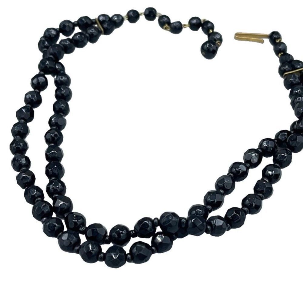 Vintage black facetted beaded double strand necklace W.Germany.